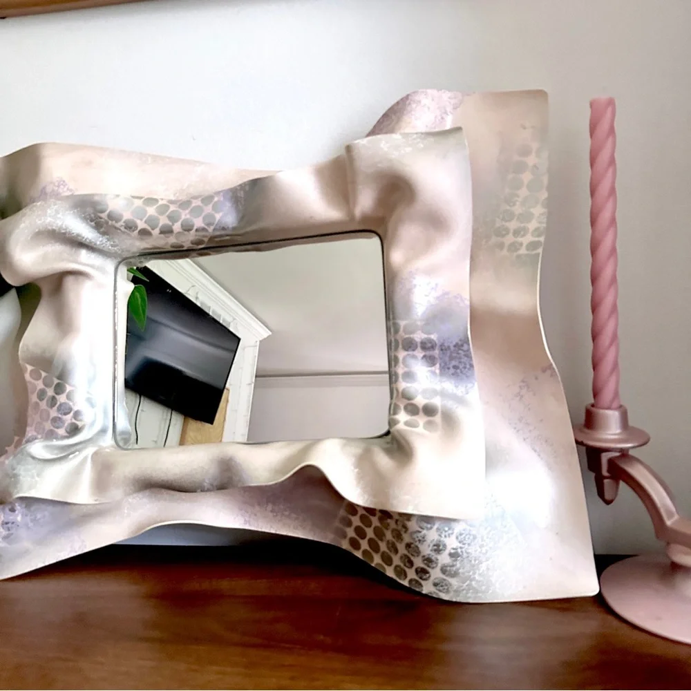 Vintage 80’s Sculptural Mirror Wall Hanging Pink Purple Silver Polka Dot 19x15”